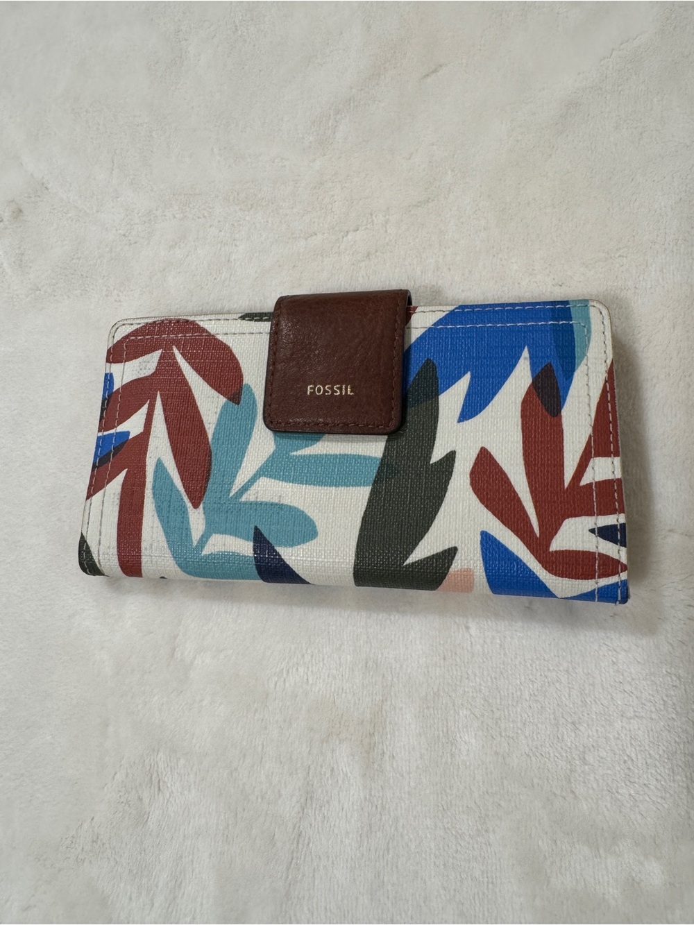Fossil Leaf-Print Wallet in Brown, Blue, Teal and Rust
